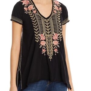 Johnny Was Los Angeles Black Blouse with Pink and Gold Embroidery